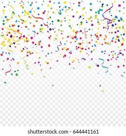Colorful Confetti And Ribbon Falling On Transparent Background. Explosion. Vector Illustration. Multicolored