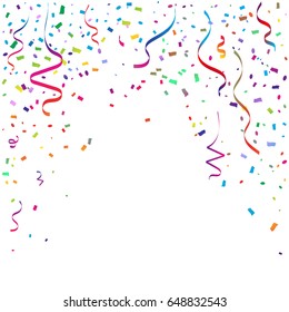 Colorful Confetti And Ribbon Falling On White Background. Vector Illustration. Multicolored