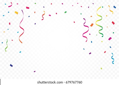 Colorful Confetti And Ribbon Falling On Transparent Background. Vector