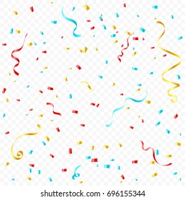 Colorful Confetti And Ribbon Falling On Transparent Background. Vector Illustration