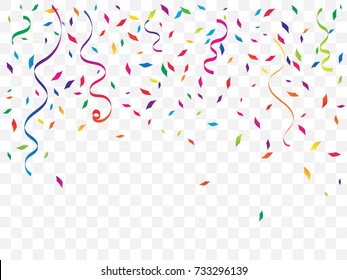 Colorful Confetti And Ribbon Falling On Transparent Background. Vector Illustration