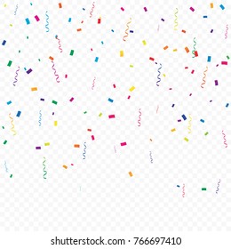 Colorful Confetti And Ribbon Falling On Transparent Background. Vector Illustration