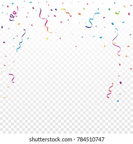 Colorful Confetti And Ribbon Falling On Transparent Background. Vector Illustration