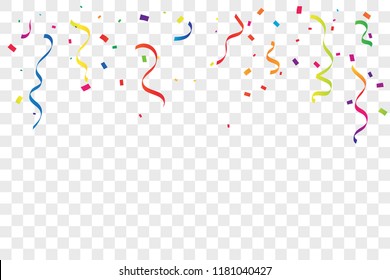 Colorful Confetti And Ribbon On Transparent Background. Celebration & Party. Vector Illustration