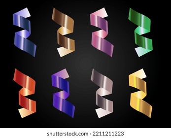 Colorful confetti ribbon serpentine set on a black isolated background. Symbol of Surprise.