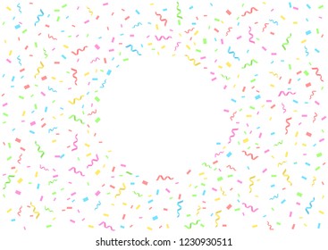 Colorful confetti ribbons festive background with place for simple text. Vector illustration