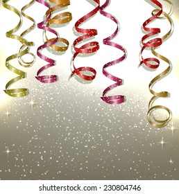 Colorful confetti and ribbons. Holiday background with stars