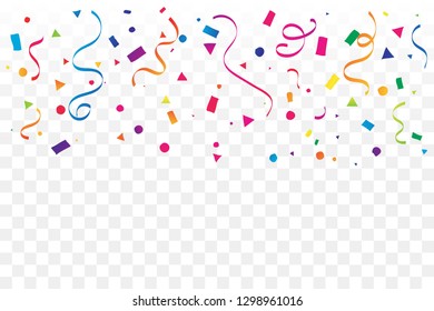 Colorful Confetti And Ribbons On Transparent Background. Celebration Backdrop. Vector