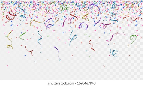 Colorful confetti and ribbons on a transparent background, falling party decorations