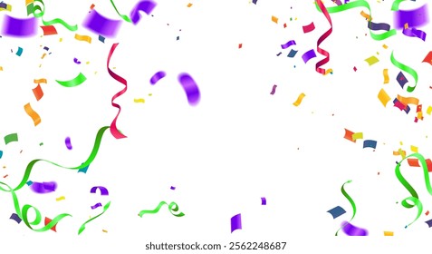 Colorful confetti and ribbons on a white background. Vector illustration