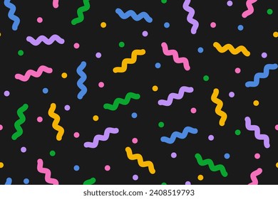 Colorful confetti seamless pattern in doodle style on black background. Cute abstract design for children. Multi colored decorative sprinkles. Pop art style texture. Vector illustration.