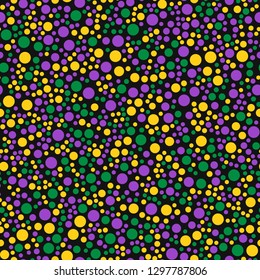 Colorful confetti seamless pattern.  Mardi gras carnival vector background. Green, yellow and purple polka dots. Easy to edit design template for cards, masquerade party invitations, textiles, etc.