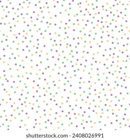 Colorful confetti seamless pattern. Mardi gras carnival vector background. Green, yellow and purple polka dots.