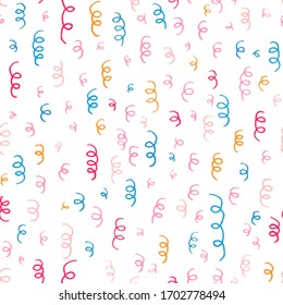 Colorful confetti seamless pattern. Multi colored doodles isolated on white background. Festive design for textile, wrapping paper, wallpaper. Birthday greeting card. Hand drawn vector illustration.