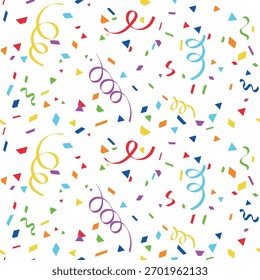 Patrón inconsútil colorido del confeti con las cintas y las Formas de papel en el fondo blanco. Diseño festivo de la celebración para el cumpleaños, partido, año Nuevo, carnaval, papel de embalaje, decoración alegre del día de fiesta