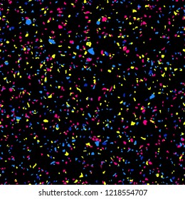 Colorful confetti seamless pattern. Vector abstract background with small randomly scattered dots, sprinkles. Terrazzo mosaic texture. Bright blue, pink, yellow spots on black backdrop. Trendy design