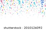Colorful confetti and serpentine ribbons falling from above. Streamers, tinsel vector seamless frame border background in simple flat cartoon modern style.