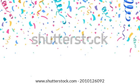 Colorful confetti and serpentine ribbons falling from above. Streamers, tinsel vector seamless frame border background in simple flat cartoon modern style.