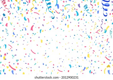Colorful confetti and serpentine ribbons flying at the air. Streamers, tinsel vector pattern background in simple flat cartoon modern style.