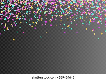 Colorful Confetti and serpentine set, bright colorful background, editable elements, cute and fun decoration. Isolated on transparent. Vector illustration for celebration, party, carnival, holiday