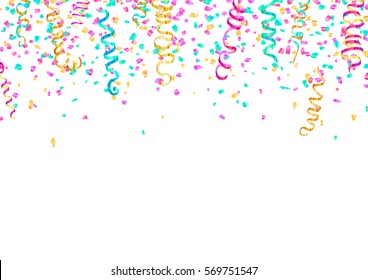 Colorful Confetti and serpentine set, bright colorful background, editable elements, cute and fun decoration. Isolated on white. Vector illustration for celebration, party, carnival, festive holiday..