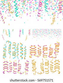 Colorful Confetti and serpentine set, bright colorful background, editable elements, cute and fun decoration. Isolated on white. Vector illustration for celebration, party, carnival, festive holiday..