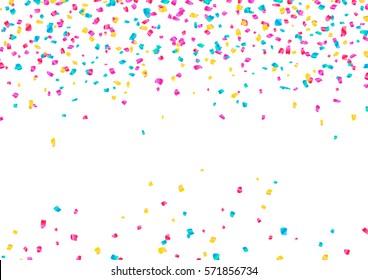 Colorful Confetti and serpentine set, bright colorful background, editable elements, cute and fun decoration. Isolated on white. Vector illustration for celebration, party, carnival, festive holiday..