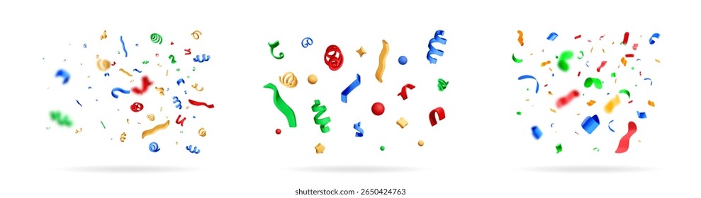 Colorful confetti and serpentine set. Fun party decor for event and celebration. 3d vector stock collection.