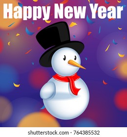 Colorful confetti and snowman on bokeh background. Flying confetti. Rain festive background for web site, greeting and gift card, wallpaper, poster and placard. 2018 christmas card