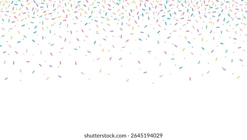 Colorful confetti sprinkles falling on white background, festive decoration pattern for party, celebration, holiday or abstract fun concept
