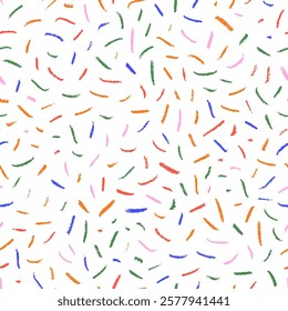 Colorful confetti or sprinkles seamless pattern. Crayon drawn vector strokes, dashes and short lines. Simple creative background with confetti texture. Birthday or party wrapping paper.