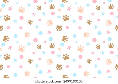 Colorful Confetti Star And Cute Cat Or Dog Paw Pattern Background. Wallpaper. Vector Illustration