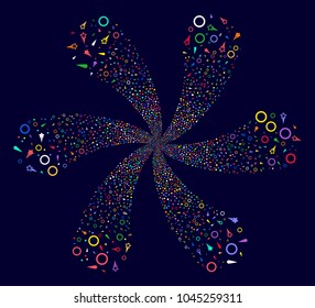 Colorful Confetti Stars cyclonic twist on a dark background. Hypnotic cluster combined from randomized confetti stars objects.