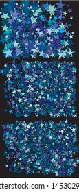 Colorful confetti stars falling. Geometric cosmic glitter elements for your design. Vector illustration concept. Blue set of invitation templates, background images, posters or greeting cards.