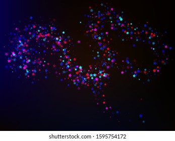 Colorful confetti stars falling. New design elements. Vector illustration. EPS10. Blue and red invitation template, background image, poster or greeting card.