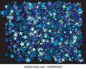 Colorful confetti stars falling. Vector illustration flyer. Fresh glitter design's elements. Blue invitation template, background image, poster or greeting card.