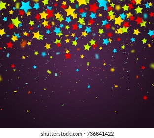 Colorful confetti of stars and paper particles falling randomly. Dark background with multicolored stars. Holiday design template can be used for greeting card, carnival, celebration or festive