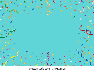 Colorful confetti and streamer frame on aqua background