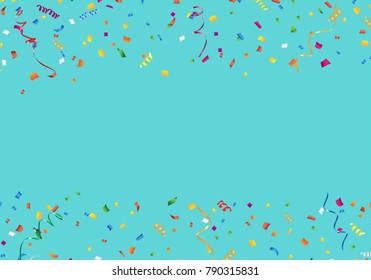 Colorful confetti and streamer frame on aqua background