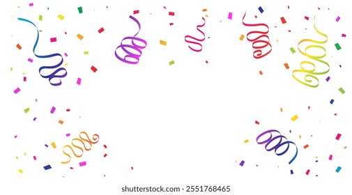 Colorful Confetti And Streamer Ribbon Falling On White Background. Celebration And Happy Birthday. Party Wallpaper. Vector Illustration. Multicolored