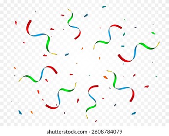 Colorful Confetti with Streamer Ribbon on Transparent Background. Celebration Banner. Vector Illustration. Wallpaper