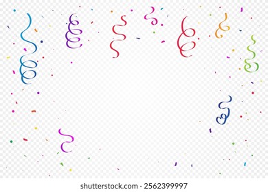 Colorful Confetti And Streamer Ribbons Falling On Transparent Background. Celebration. Happy Birthday Wallpaper. Vector Illustration. Multicolored