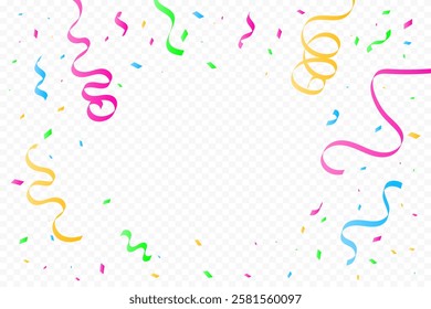Colorful Confetti And Streamer Ribbons Falling On Transparent Background. Celebration. Happy Birthday Wallpaper. Vector Illustration. Multicolored