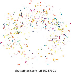 Colorful confetti and streamers in a circular pattern on a white background, perfect for celebrations and festive occasions.