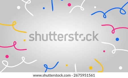 Colorful confetti and streamers frame a gray gradient backdrop, creating a festive border with a blank space in the center, ideal for celebrations and cheerful designs.