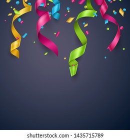 Colorful confetti and streamers on blue background. Can be used as birthday card, party  flyer or grand opening banner.