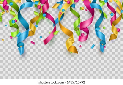 Colorful confetti and streamers on transparent background. Seamless pattern.