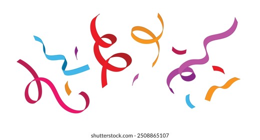 Colorful confetti streamers and ribbons in shades of red, pink, blue, orange, and purple, scattered on a white background.