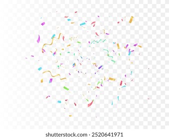 Colorful confetti and tinsel explosion frame illustration on a transparent background. Carnival elements vector for a birthday celebration background. Multicolor confetti and tassel frame vector