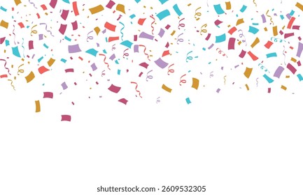 Colorful confetti top border with falling festive pieces. Perfect for party invitations, celebrations, birthdays, New Year, weddings, and greeting cards. Ideal for banners, backgrounds, and events
